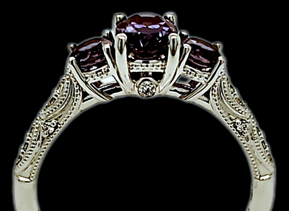 synthetic alexandrite set in platinum ring with diamonds